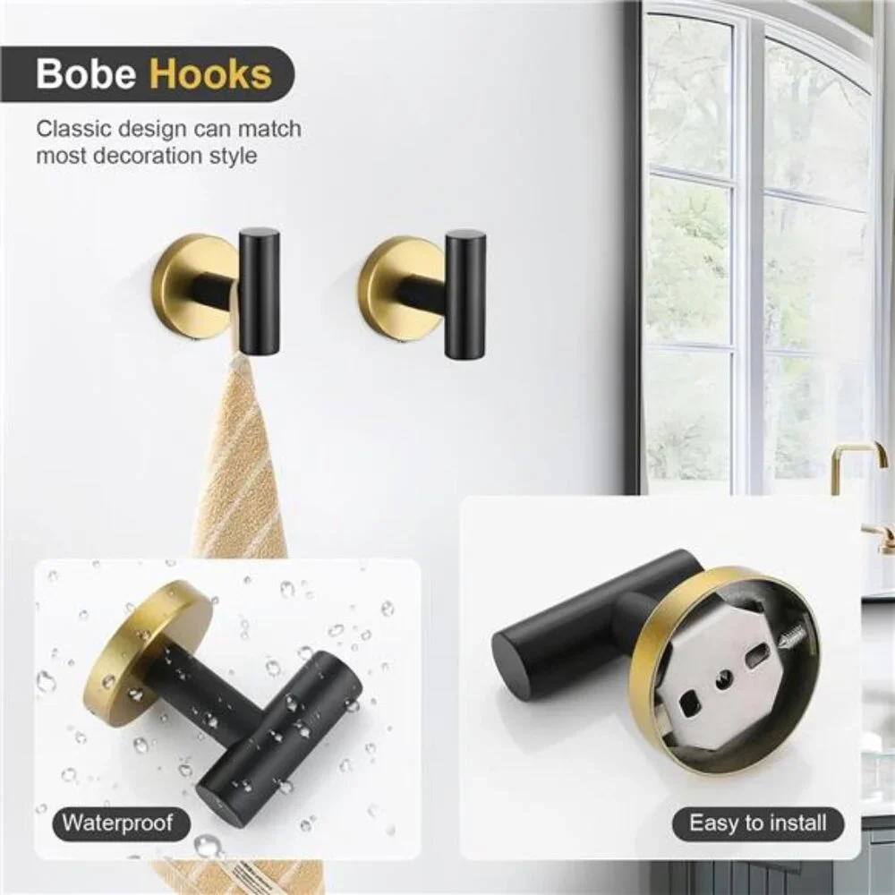 Black Gold Bathroom Accessory Set 5 Pieces Towel Bar Toilet Paper Holder Hooks